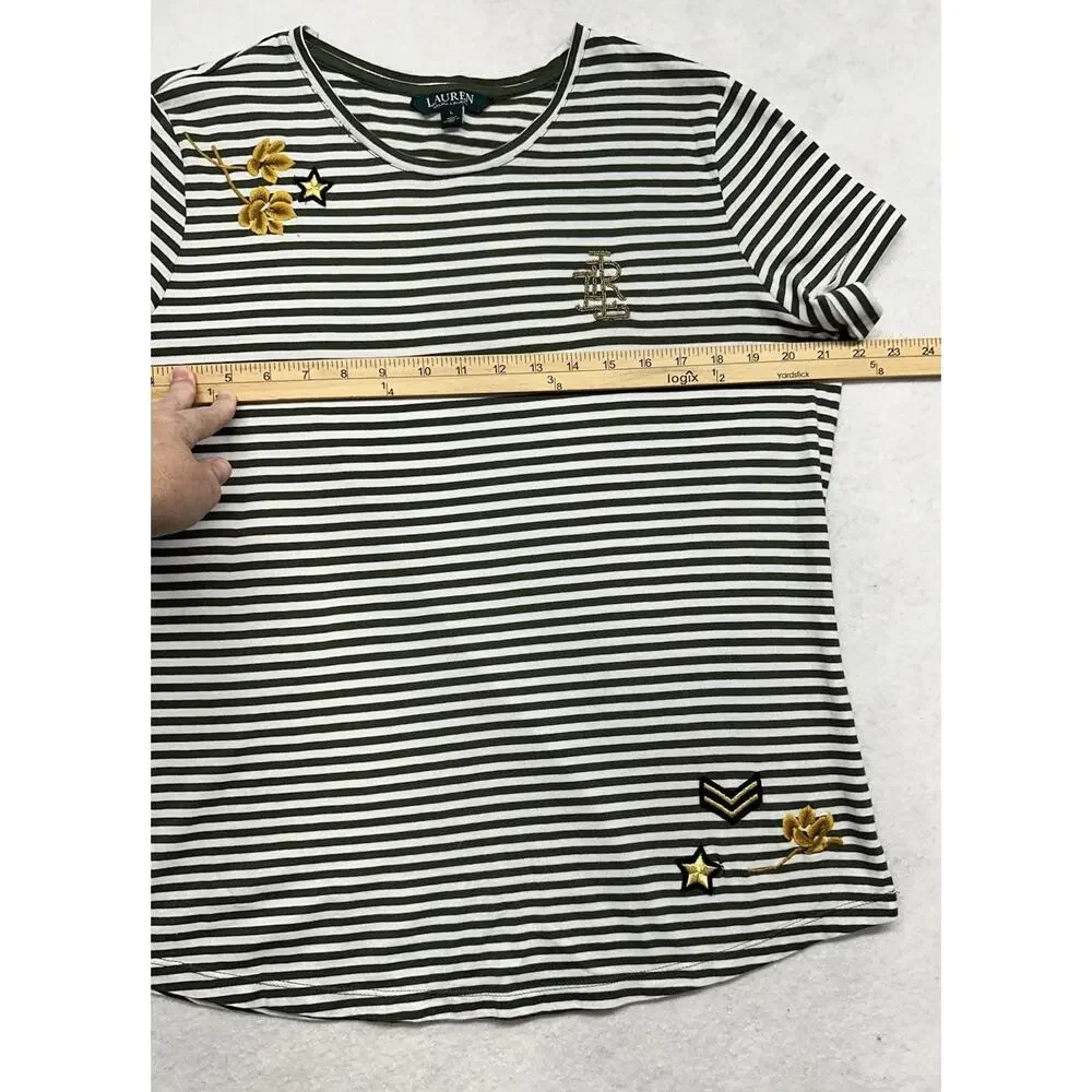 Lauren Ralph Lauren Women Large Shirt Stripe Green Cotton Modal Military Support - Picture 4 of 9
